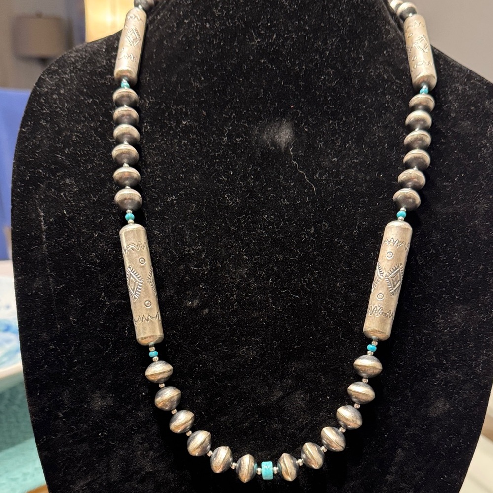 Navajo, Sharon Cooley sterling and turquoise necklace and earrings set, 30”
